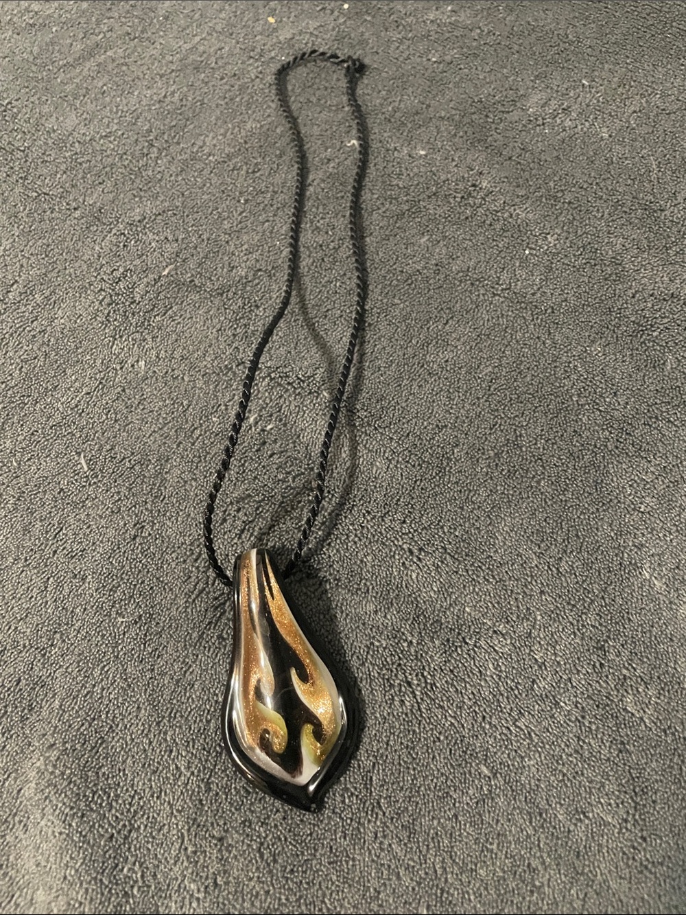 Black Glass Flame Pendant Necklace in Gold Accent